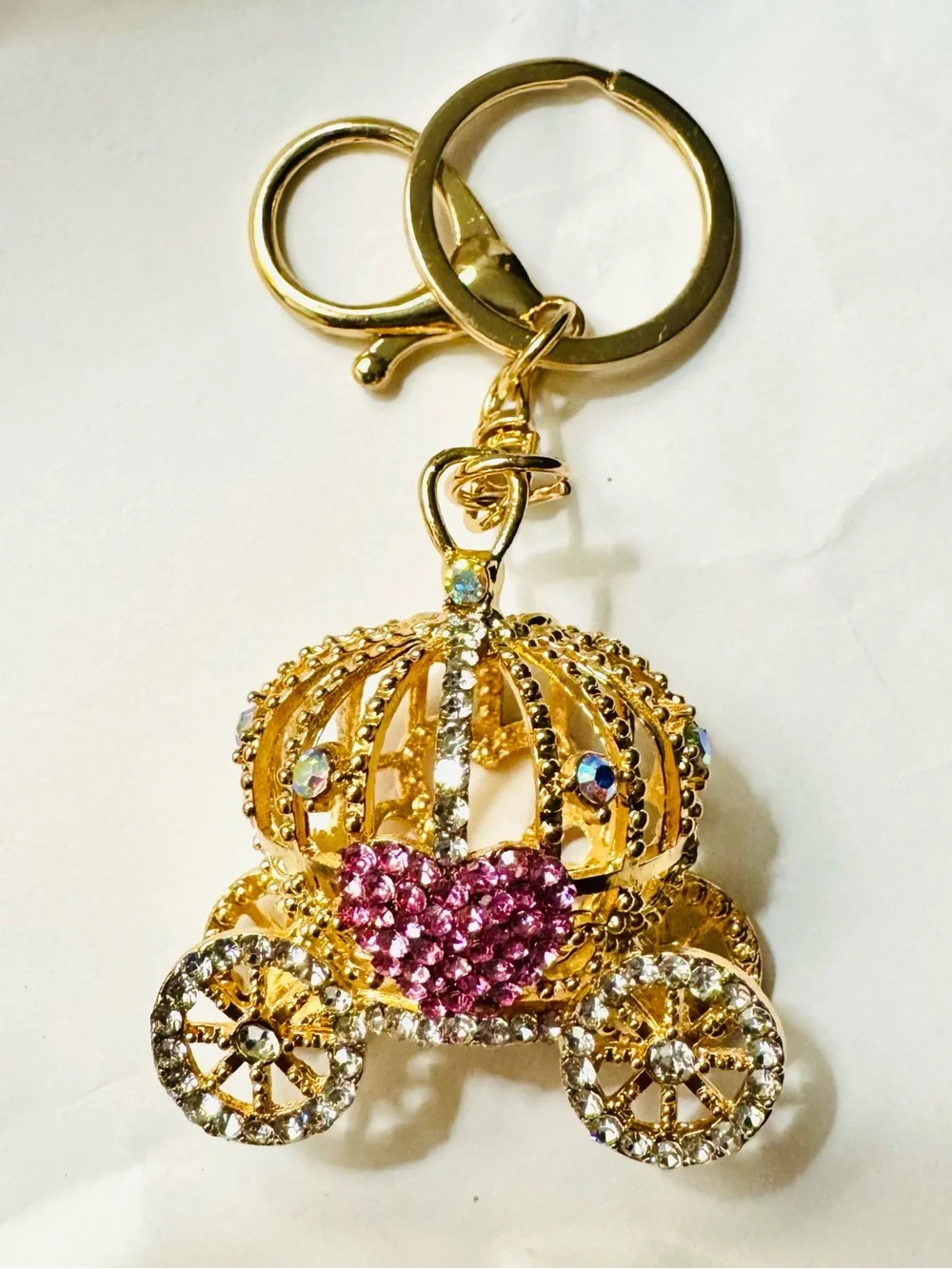 Gold Crown Carriage Charm with Pink Heart Crystals